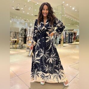 FARM Rio Black and Cream Tropical Long Sleeve Dress